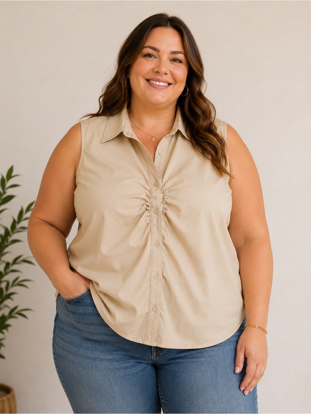 White Stag 3X Sleeveless Ruched Button Front Blouse Tan Lightweight Summer Top *